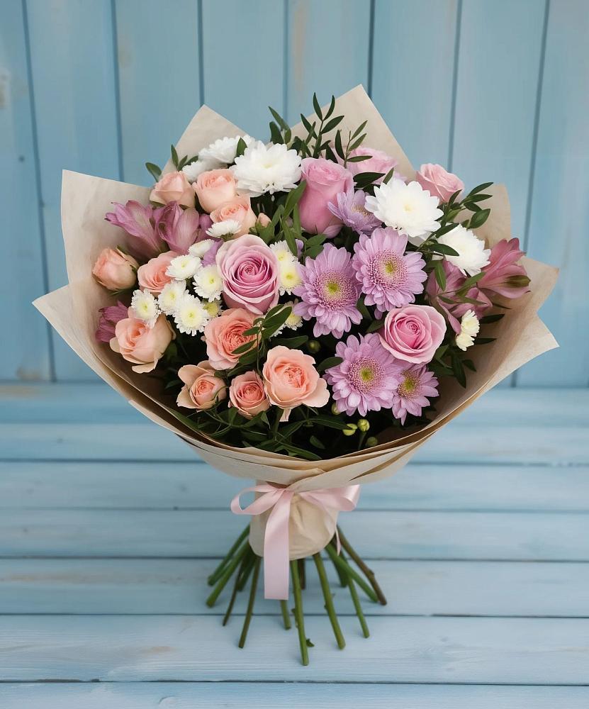 Букет цветов из: Хризантемы, Розы и Альстромерии в Суворовское Краснодарский край