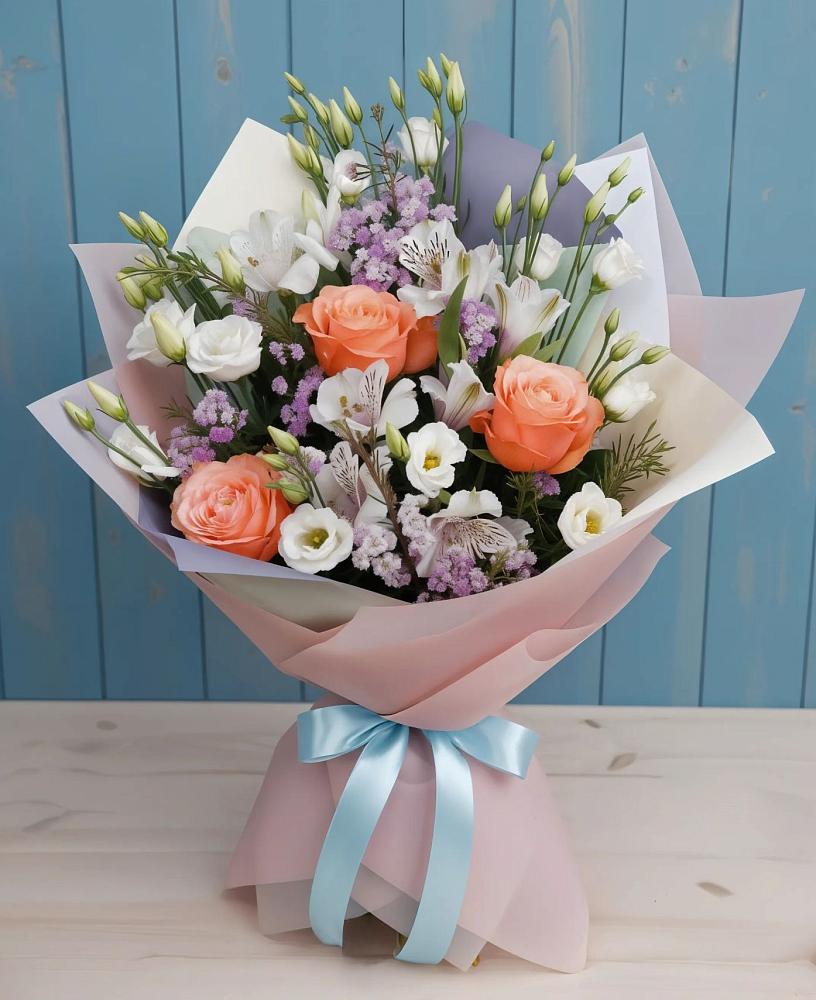 Букет цветов из: Лизиантусы, Розы, Альстромерии и Гипсофила в Суворовское Краснодарский край