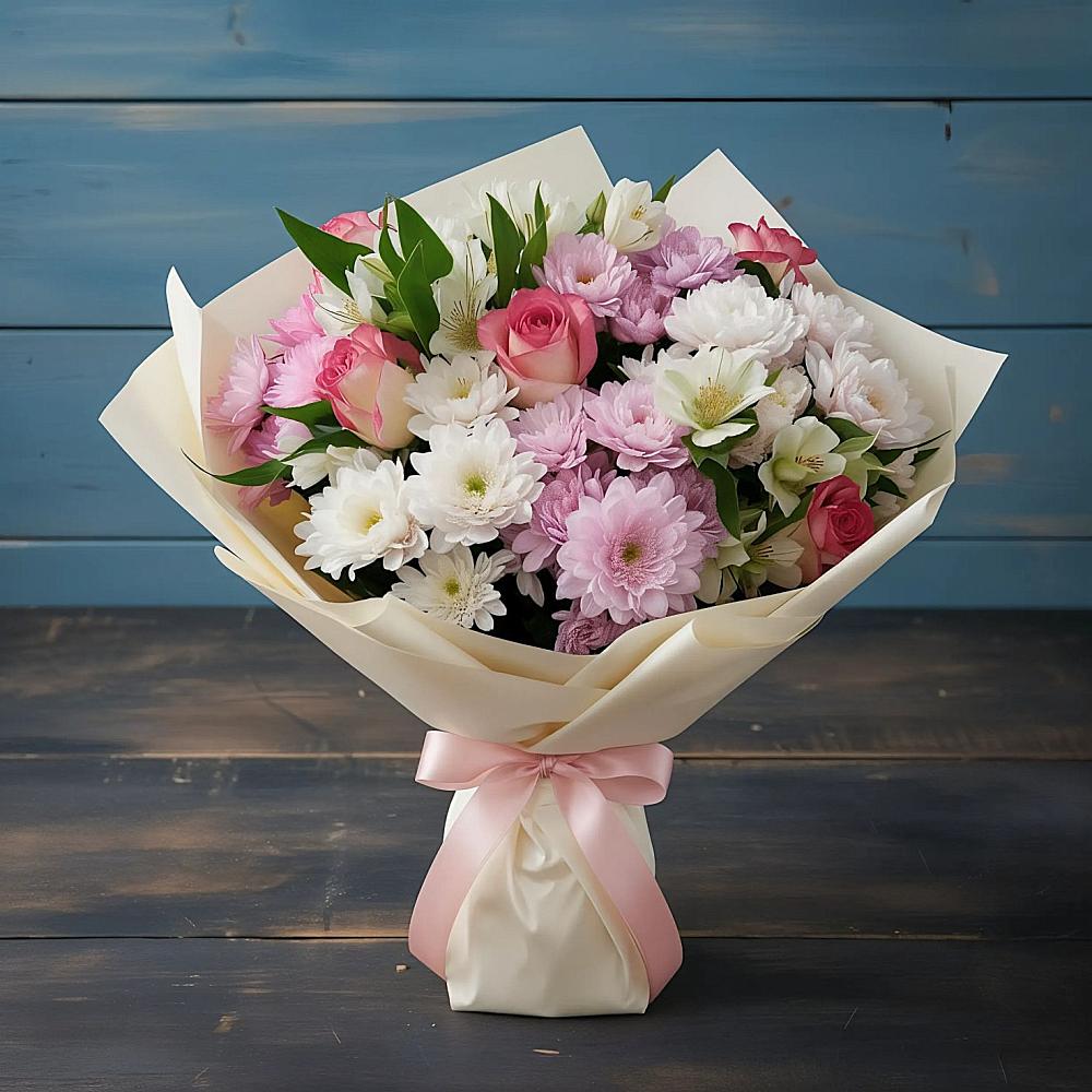 Букет цветов из: Хризантемы, Альстромерии и Розы в Суворовское Краснодарский край